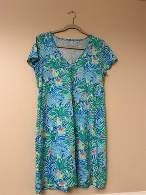 Lilly Pulitzer V-Neck Tropical Midi Dress in Teal, Green and Pink